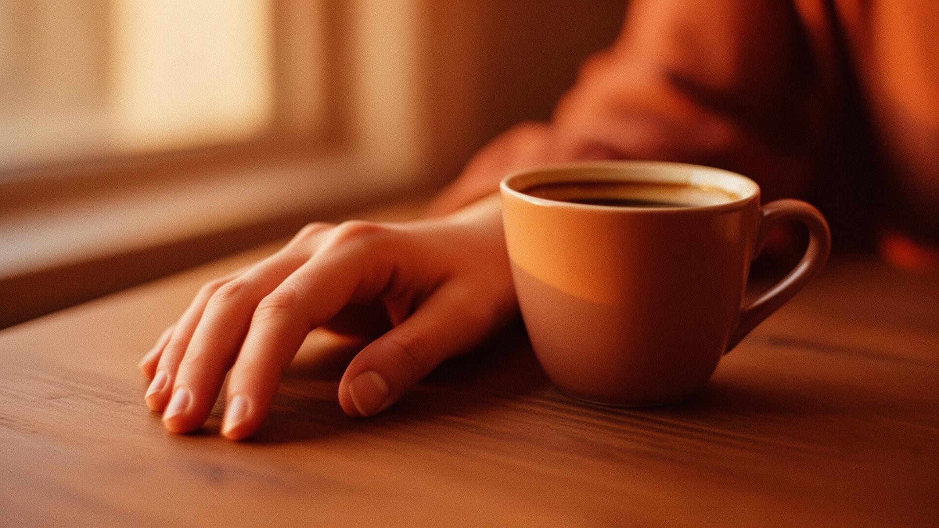 Mão repousando ao lado de uma xícara de café em luz natural quente