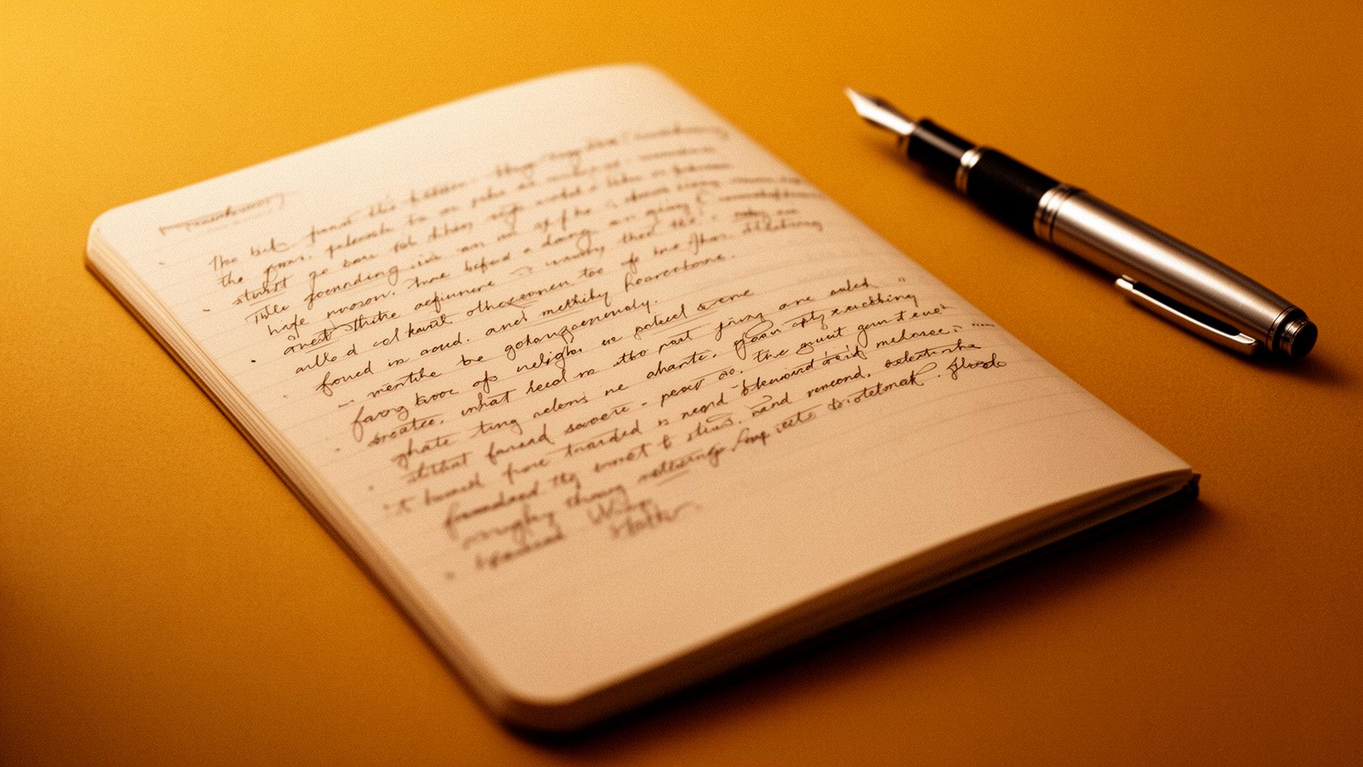 Caderno aberto com anotações manuscritas e caneta tinteiro sobre superfície mostarda